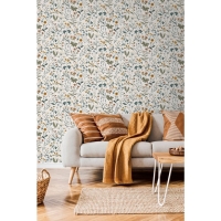 ESTA wallpaper with wild flowers in green, ochre and blue