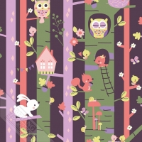 bush with owl and rabbit kids wallpaper