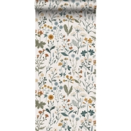 ESTA wallpaper with wild flowers in green, ochre and blue