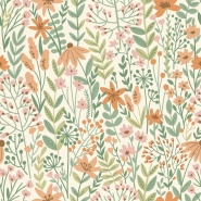 Papier peint à motif de fleurs sauvages en vert, rose et terre cuite
