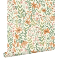 Papier peint à motif de fleurs sauvages en vert, rose et terre cuite