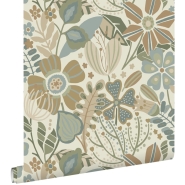 Papier peint à motif de fleurs sauvages en vert, beige et blue