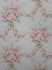 Pink flowers with light blue background fifties wallpaper